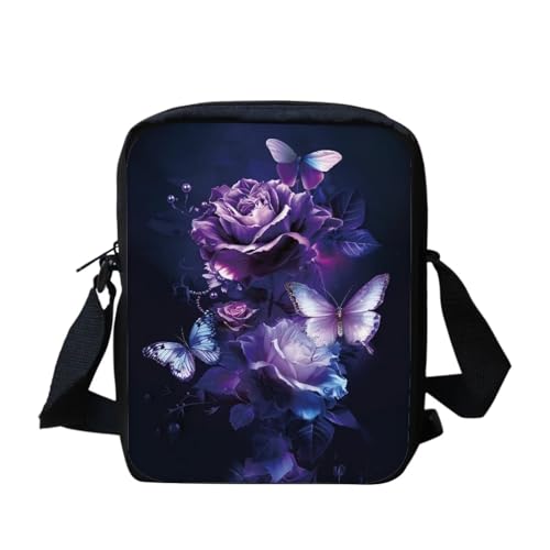 Mini-Umhängetasche mit Yorkshire Terrier-Blumenmuster, kleine Kuriertasche für Männer und Frauen, lässige Schultertasche, Niedliches Schmetterlings-Blumenmuster, Einheitsgröße von bqabhu