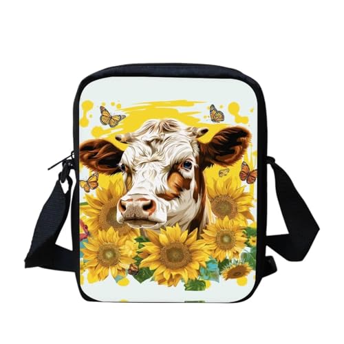 Mini-Umhängetasche mit Yorkshire Terrier-Blumenmuster, kleine Kuriertasche für Männer und Frauen, lässige Schultertasche, Sonnenblumenkuh, Einheitsgröße von bqabhu