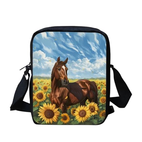 Mini-Umhängetasche mit Yorkshire Terrier-Blumenmuster, kleine Kuriertasche für Männer und Frauen, lässige Schultertasche, Sonnenblumenpferd, Einheitsgröße von bqabhu