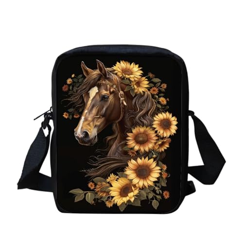 Mini-Umhängetasche mit Yorkshire Terrier-Blumenmuster, kleine Kuriertasche für Männer und Frauen, lässige Schultertasche, Sonnenblumenpferd, Tier, Einheitsgröße von bqabhu