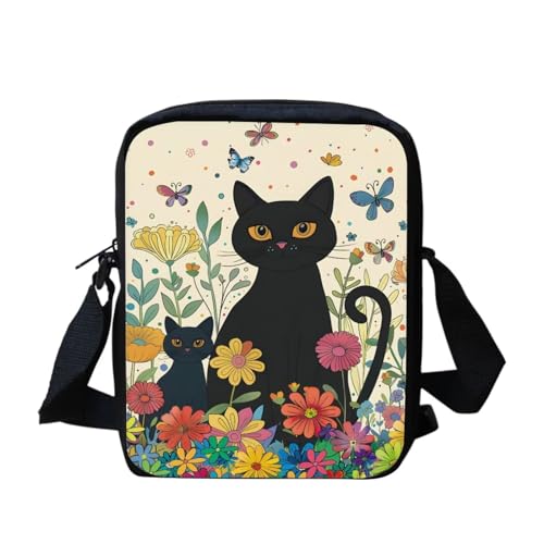 Native Southwest American Aztec Navajo Horse Messenger Bag Small Hobo Crossbody Bag with Multiple Pockets Casual Shoulder Tote Bag, Schwarze Katze mit Blumenmuster, Einheitsgröße von bqabhu