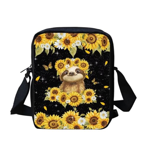 Niedliche Pilz-Kuriertasche für Damen und Herren, Crossbody-Tasche, Reißverschluss, Reise-Mini-Schultertasche mit verstellbarem Riemen, Sonnenblumen-Faultier, Einheitsgröße von bqabhu