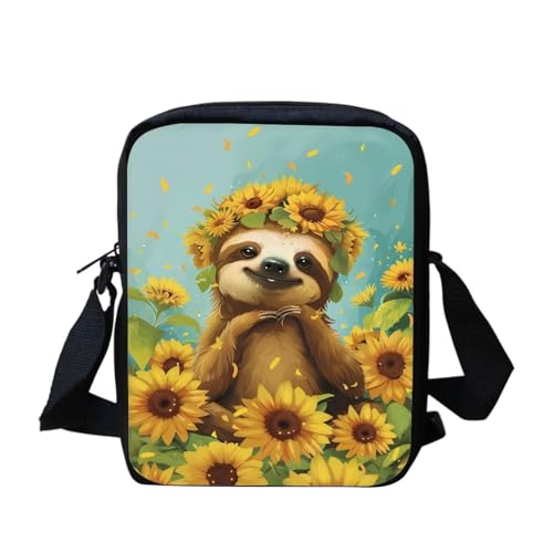 Southwest Kleine Umhängetasche mit Aztekenmuster für Damen und Herren, mit verstellbarem Riemen, Rot, Sonnenblumen-Faultier, Einheitsgröße von bqabhu