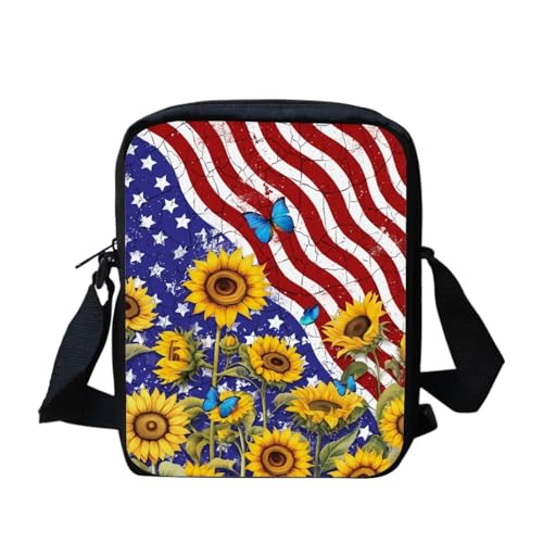 Süße Kuriertasche mit amerikanischer Flagge, Sonnenblumen, Schmetterling, für Damen und Herren, Umhängetasche, Schulranzen, Amerikanische Flagge, Sonnenblume, Schmetterling, Einheitsgröße von bqabhu