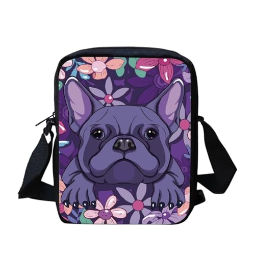Süße Kuriertasche mit amerikanischer Flagge, Sonnenblumen, Schmetterling, für Damen und Herren, Umhängetasche, Schulranzen, Niedliche französische Bulldogge mit Blumenmuster, Einheitsgröße von bqabhu