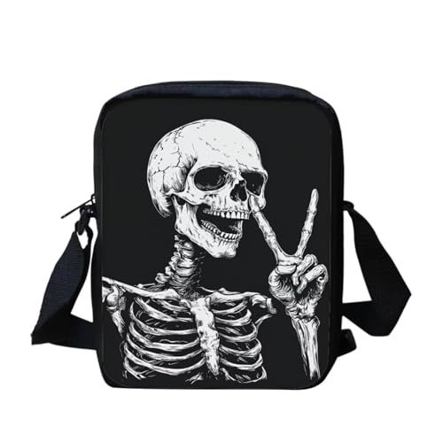 Umhängetasche für Damen, Motiv: Blumen und Schmetterling, Mond, trendige Kuriertasche, leicht, Geldbörse, tragbar, Reise-Umhängetasche, Segeltuch, Handy-Tasche, Lustiges Skelett, Schwarz von bqabhu