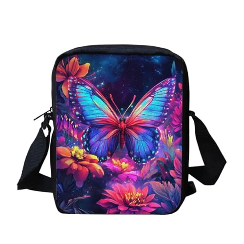 Umhängetasche für Damen, Motiv: Blumen und Schmetterling, Mond, trendige Kuriertasche, leicht, Geldbörse, tragbar, Reise-Umhängetasche, Segeltuch, Handy-Tasche, Violetter Schmetterlingsdruck von bqabhu