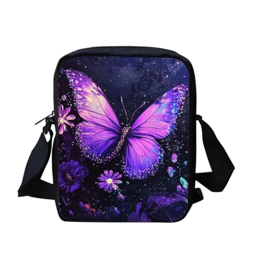 Umhängetasche für Damen, Motiv: Blumen und Schmetterling, Mond, trendige Kuriertasche, leicht, Geldbörse, tragbar, Reise-Umhängetasche, Segeltuch, Handy-Tasche, Violettes Schmetterlingsmuster von bqabhu
