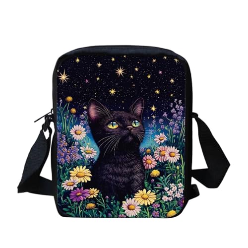 White Tiger Messenger Bag für Damen, Crossbody, Geldbörse, Reißverschluss, Mini-Schultertasche mit verstellbarem Riemen, Schwarze Katze mit Blumenmuster, Einheitsgröße von bqabhu