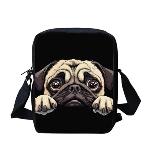 White Tiger Messenger Bag für Damen, Crossbody, Geldbörse, Reißverschluss, Mini-Schultertasche mit verstellbarem Riemen, Schwarzer Mops, Einheitsgröße von bqabhu