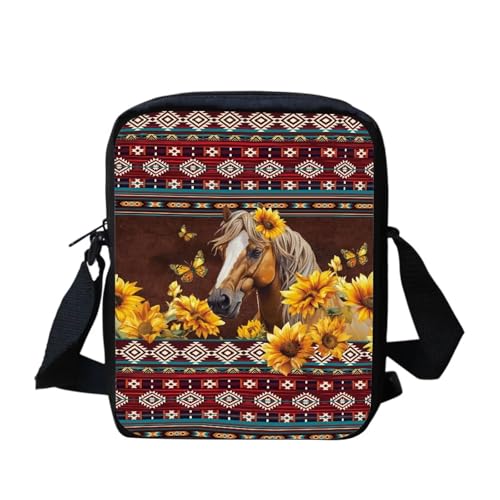 White Tiger Messenger Bag für Damen, Crossbody, Geldbörse, Reißverschluss, Mini-Schultertasche mit verstellbarem Riemen, Southwest Aztec Navajo Sonnenblumenpferd, Einheitsgröße von bqabhu