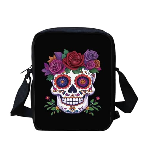 White Tiger Messenger Bag für Damen, Crossbody, Geldbörse, Reißverschluss, Mini-Schultertasche mit verstellbarem Riemen, Totenkopf Floral, Einheitsgröße von bqabhu