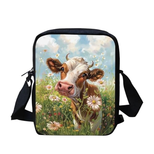 bqabhu Galaxy Axolotl Kleine Kuriertasche, bedruckt, Mini-Umhängetasche, Handtasche, Reisen, tragbare Handytasche, Geldbörse, Niedlicher Kuh-Blumendruck, Einheitsgröße von bqabhu