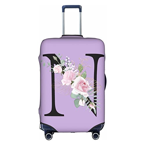 bqabhu Gepäckhülle mit Blumenmotiv von A-Z, elastisch, waschbar, dehnbar, kratzfest, Reisekoffer-Bezug für Kinder und Erwachsene, Violett, Blumen-Buchstabe N, S fits 18-21 inch Suitcase von bqabhu
