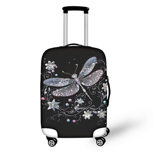 bqabhu Rosa Marmor-Textur-Gepäckabdeckung für Reisen – Damen Kofferschutz, elastischer und tragbarer Koffer, Staubschutz, Art Black Libelle, S fits 18-21 inch Suitcase, Gepäckabdeckung von bqabhu