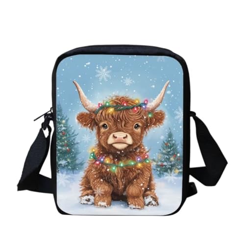 bqabhu Süße Umhängetasche mit Schneemann-Motiv, für Damen, Reise-Schultertasche mit verstellbarem Riemen, Weihnachts-Licht mit Hochlandkuh, Einheitsgröße von bqabhu