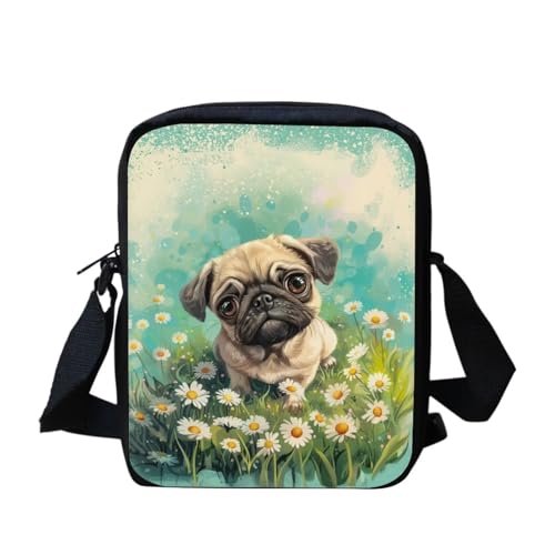 bqabhu Umhängetasche mit lustigem Eulen-Blumenmuster, Mini-Umhängetasche, Geldbörse, Handytasche, Niedliches Mops-Blumenmuster, Einheitsgröße von bqabhu