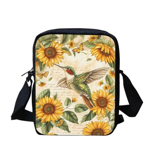 bqabhu Umhängetasche mit lustigem Eulen-Blumenmuster, Mini-Umhängetasche, Geldbörse, Handytasche, Sonnenblumenkolibri, Einheitsgröße von bqabhu