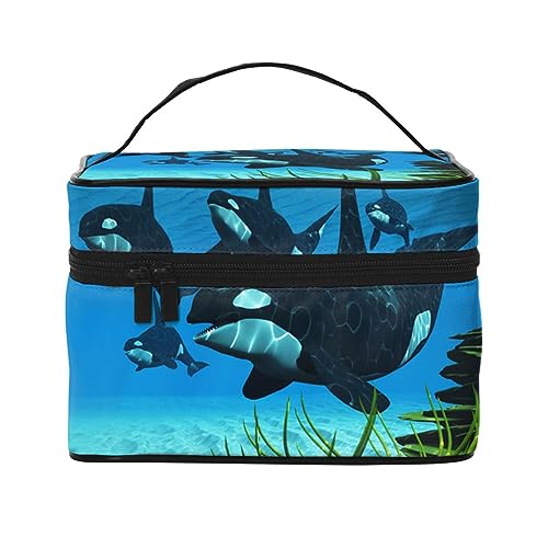 Reise-Make-up-Tasche für Damen, Motiv: tropische Pflanzen, wasserfest, faltbar, Kulturbeutel, Lehrergeschenk, Grün, Killer Whales zum Schwimmen, Einheitsgröße, Kosmetikkoffer von bradkke