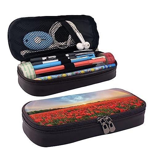 bradkke Federmäppchen aus Leder, Motiv: Regenbogen-Himmel, rotes Blumenfeld, großes Fassungsvermögen, niedliches Federmäppchen, Kosmetik-Organizer-Tasche mit Reißverschluss, rot, Einheitsgröße, von bradkke