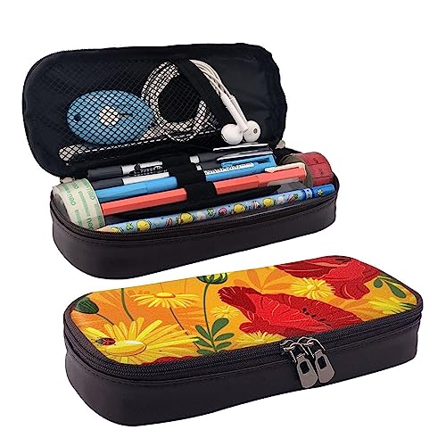 bradkke Federmäppchen aus Leder mit Mohnblumen-Motiv, großes Fassungsvermögen, niedliches Federmäppchen, Kosmetik-Organizer-Tasche mit Reißverschluss, Schwarz , Einheitsgröße, Kosmetikkoffer von bradkke