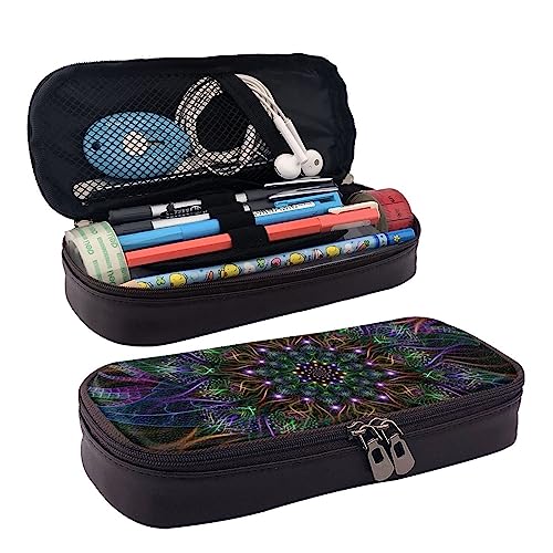 bradkke Federmäppchen aus Leder mit psychedelischem Kunstdruck, großes Fassungsvermögen, niedliches Federmäppchen, Kosmetik-Organizer-Tasche mit Reißverschluss, Schwarz , Einheitsgröße, Kosmetikkoffer von bradkke