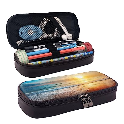 bradkke Federmäppchen aus bedrucktem Leder, Motiv: Ocean Sunrise, großes Fassungsvermögen, niedliches Federmäppchen, Kosmetik-Organizer-Tasche mit Reißverschluss, Schwarz , Einheitsgröße, von bradkke