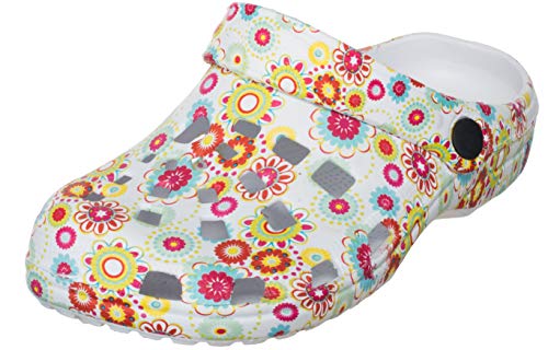 Brandsseller Damen Clogs Druckdesings Hausschuh Schuhe Pantolette mit Rutschfester Sohle Blumen-Bunt/Weiss 39 von Brandsseller