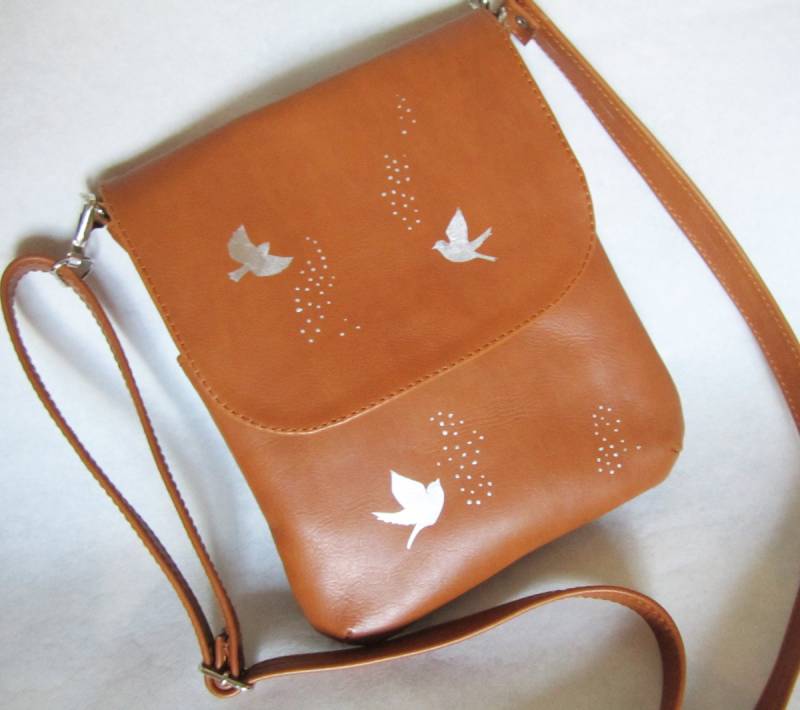 Leder Tasche, Handgemachte, Print, Kleine Schultertasche, Handtasche, Ingwer, Cross Body Vögel von branzuletkabags