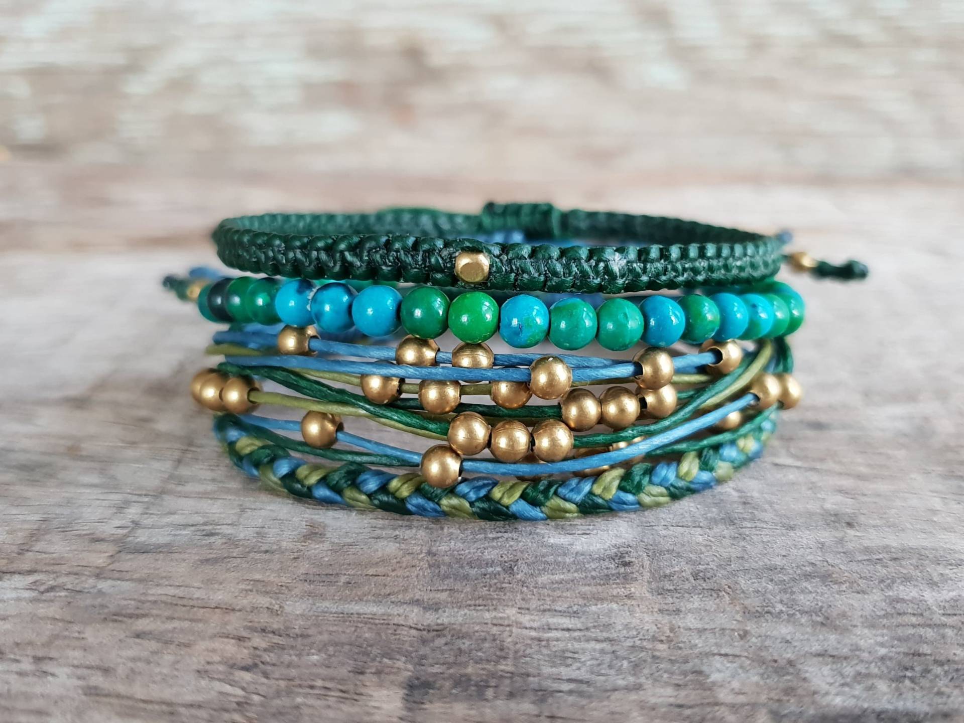 4Er Set Messing Grün Kordel Armbänder, Hippie Frauen Multistrand Armband, Freundschaftsarmband, Sommer Geschenke Für Sie von brasslady