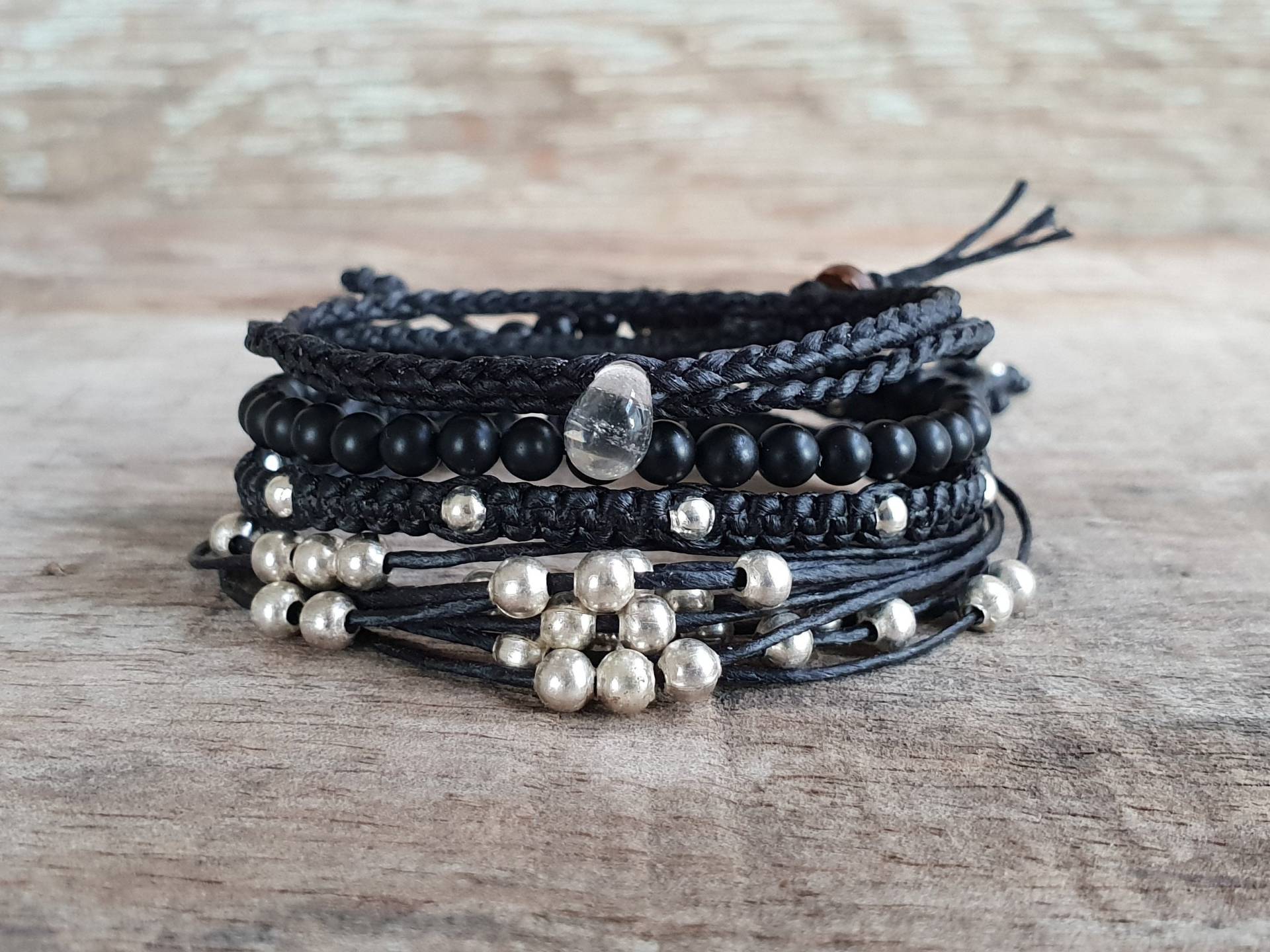 4Er Set Schwarz Silberne Armbänder, Hippie Frauen Armband, Geschenke Für Sie, Schwarze Kordel Armbänder von brasslady