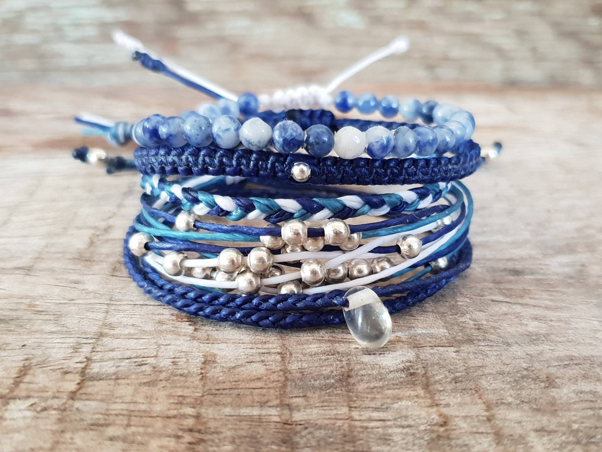 5Er Set Silber Sommer Blaue Kordel Armbänder, Hippie Damen Armband, Geschenke Für Sie, Frauen Schwarze Armbänder von brasslady