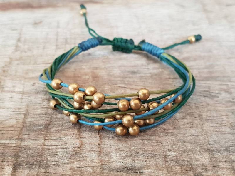 Hippie-Grün-Ton Gewachste Schnur Mit Messingperlen Verstellbar Armband Fußkettchen, Für Sie, Geschenke Mädchen von brasslady