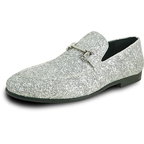 bravo! Herren Kleid Schuh Prom Slip on Loafer und Schnürkappe Toe Oxford Modern Metallic Glitter für Hochzeit Abschlussball Schwarz Blau Gold Rosa Zinn Silber Rot, silber, 44.5 EU von bravo!