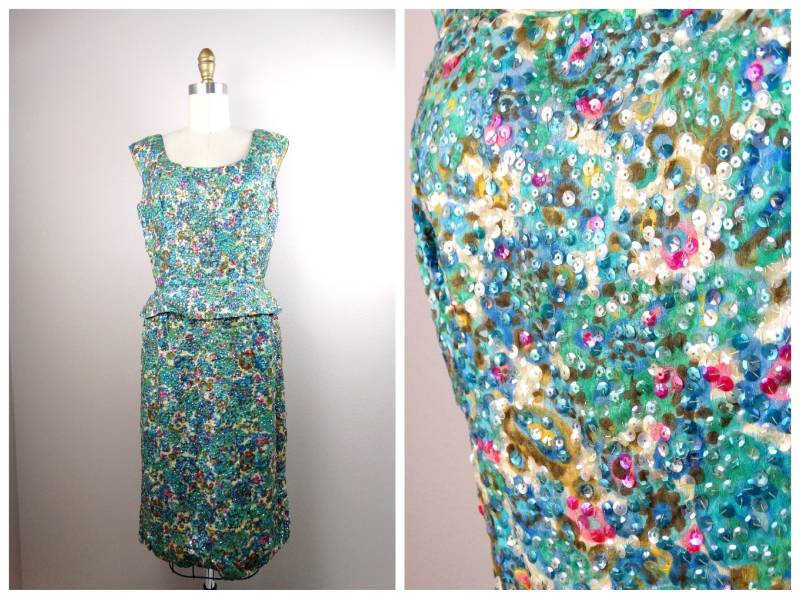 50Er 60Er Jahre Floral Pailletten Cocktailkleid/Mid Century Etuikleid Mod Vintage Blau Rosa Grün Bleistiftkleid von braxae