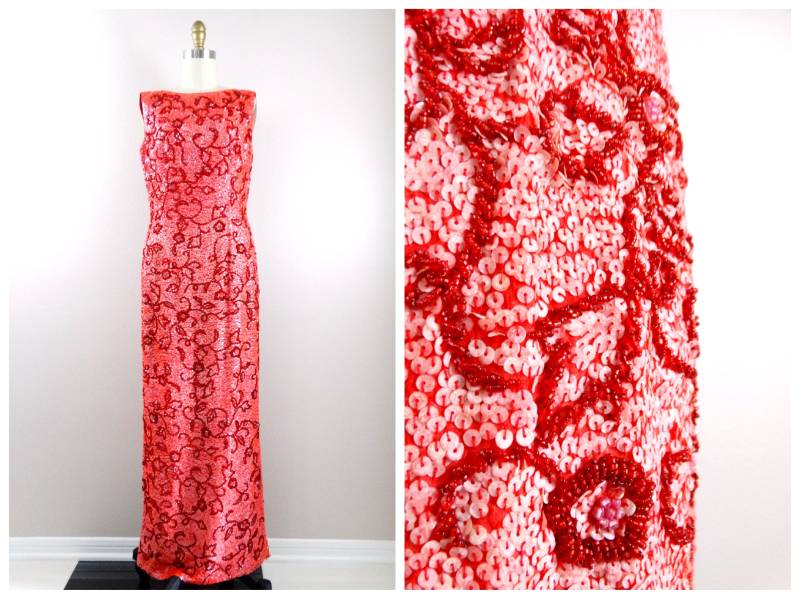 50Er 60Er Jahre Perlen Paillettenkleid // Mid Century Art Deco Rotes Pailletten Verziertes Kleid in Voller Länge von braxae