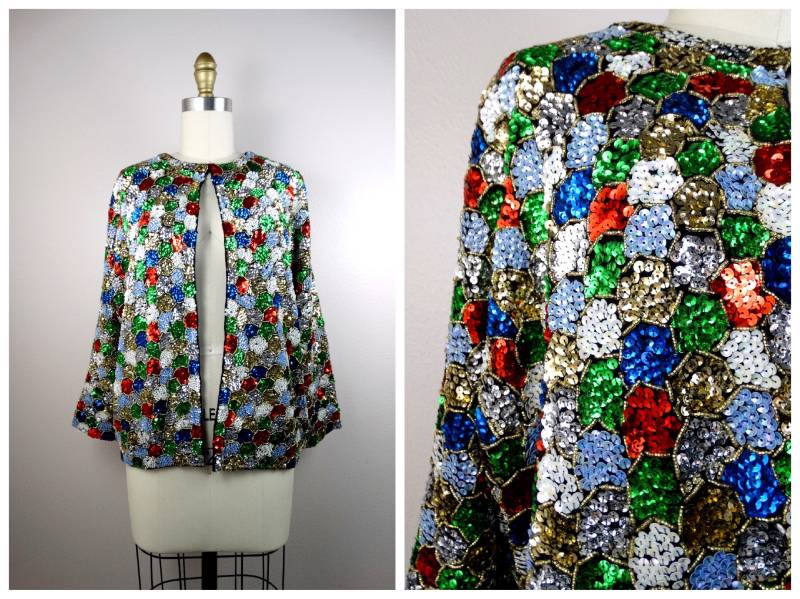 50Er 60Er Mosaik Pailletten-strickjacke/Jahre Rot Grün Blau Gold Perlen Shrug Vintage Urlaubspullover Größe 42 von braxae