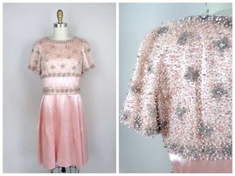 50Er Jahre Kristall Perlen Cocktailkleid/strass Rosa Seiden Satin Kleid von braxae