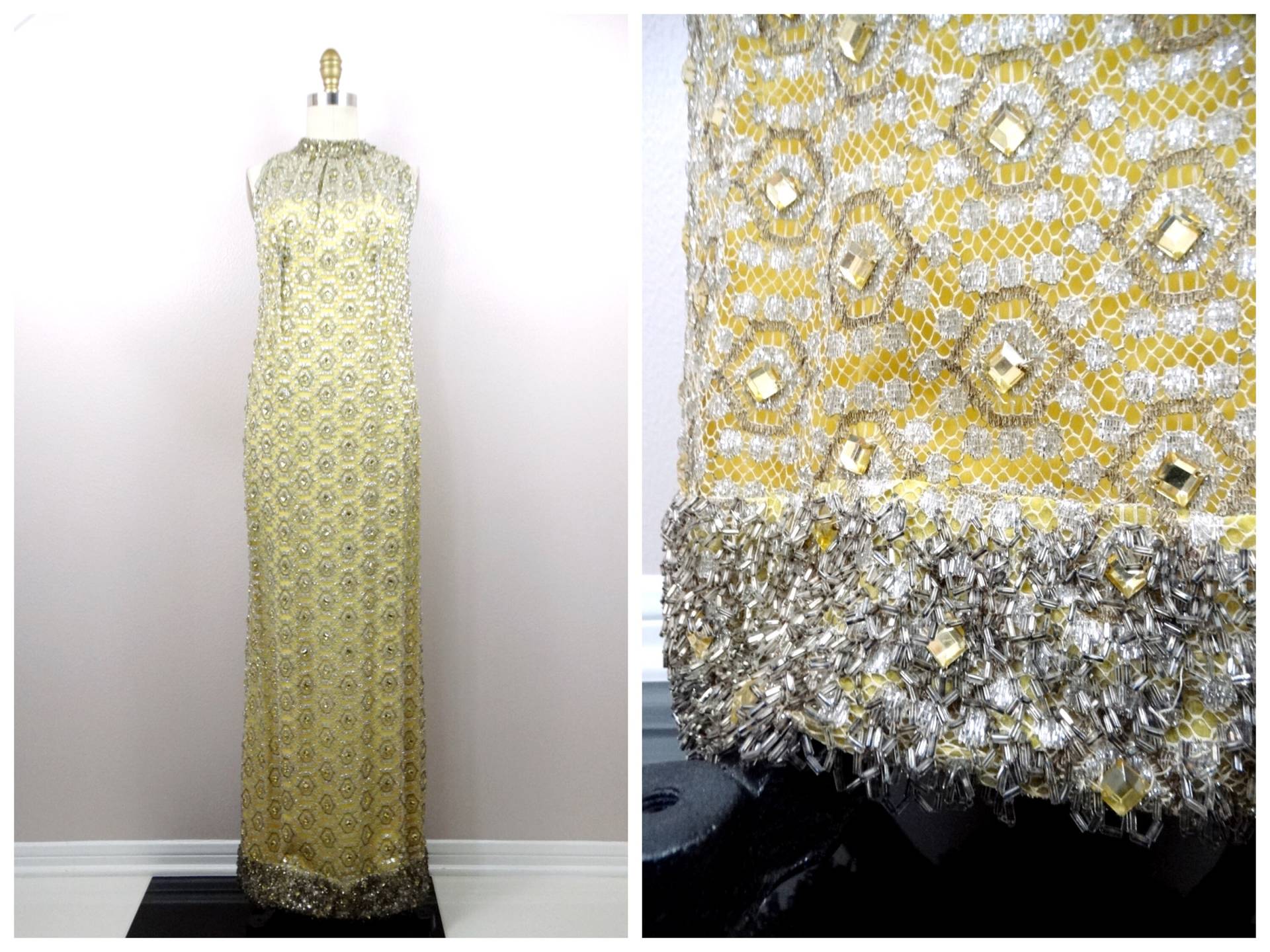 50Er Jahre Metallic Lace Juwel Perlenkleid/Gelbgold Bejeweled Dress von braxae