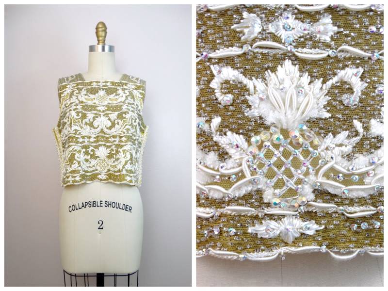 50S 60S Top Mit Strass Kristall Perlen Und Perlenstickerei in Chartreuse Gelb von braxae