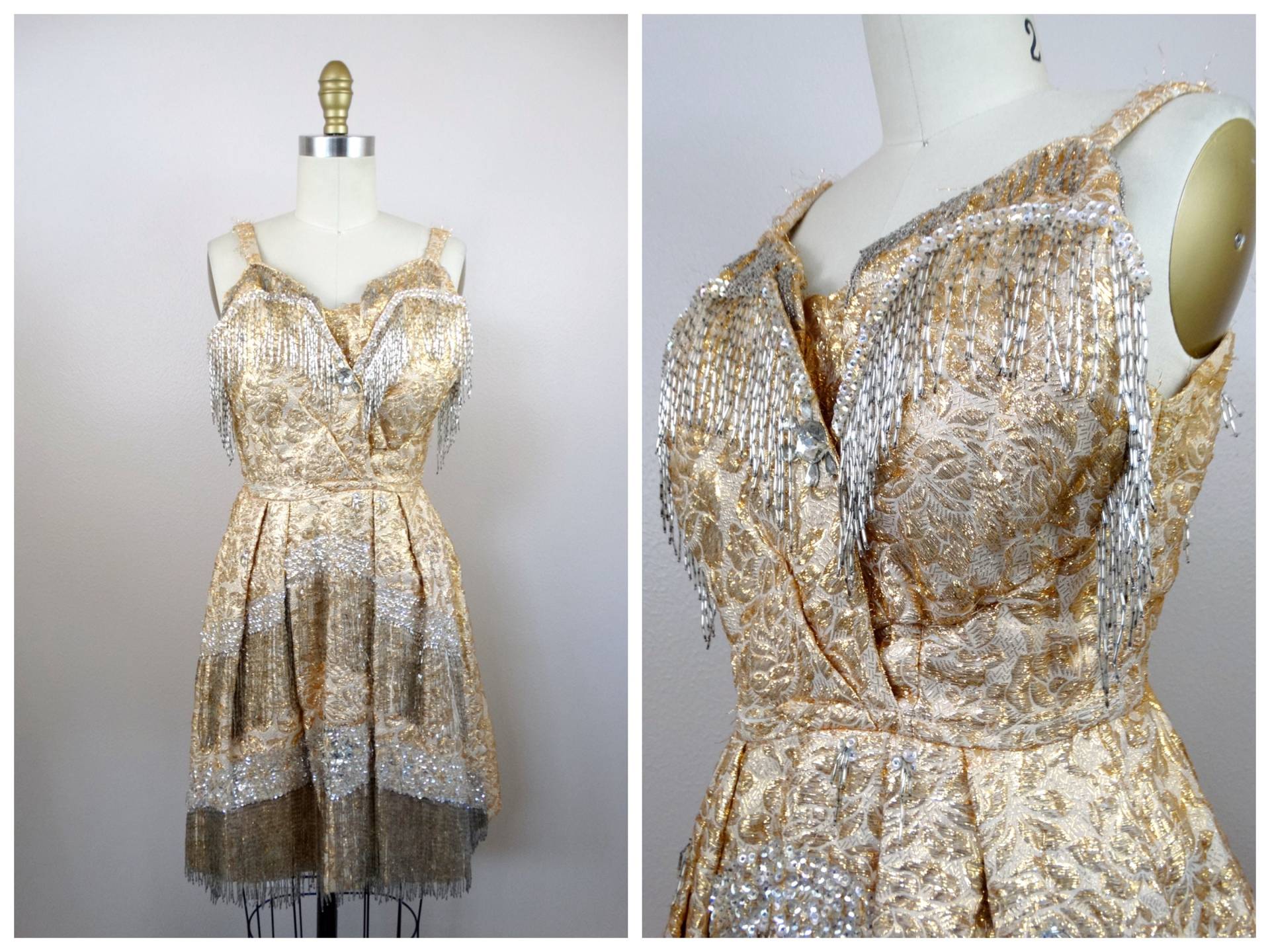 50S Fringe Beaded Paillettenkleid ‣ Mid Century Mod Stark Perlenbesetztes Kleid 1950Er Jahre Brokat-Kleid in Gold Bestickt Xs von braxae