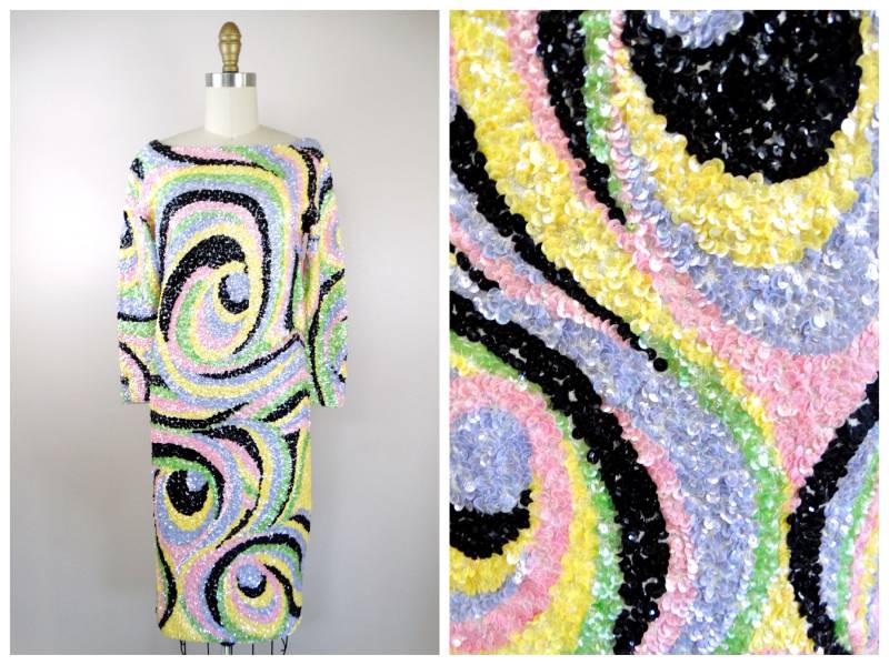 60S Mod Pailletten Wollkleid/1960's Psychedelic Swirly Verziertes Kleid von braxae
