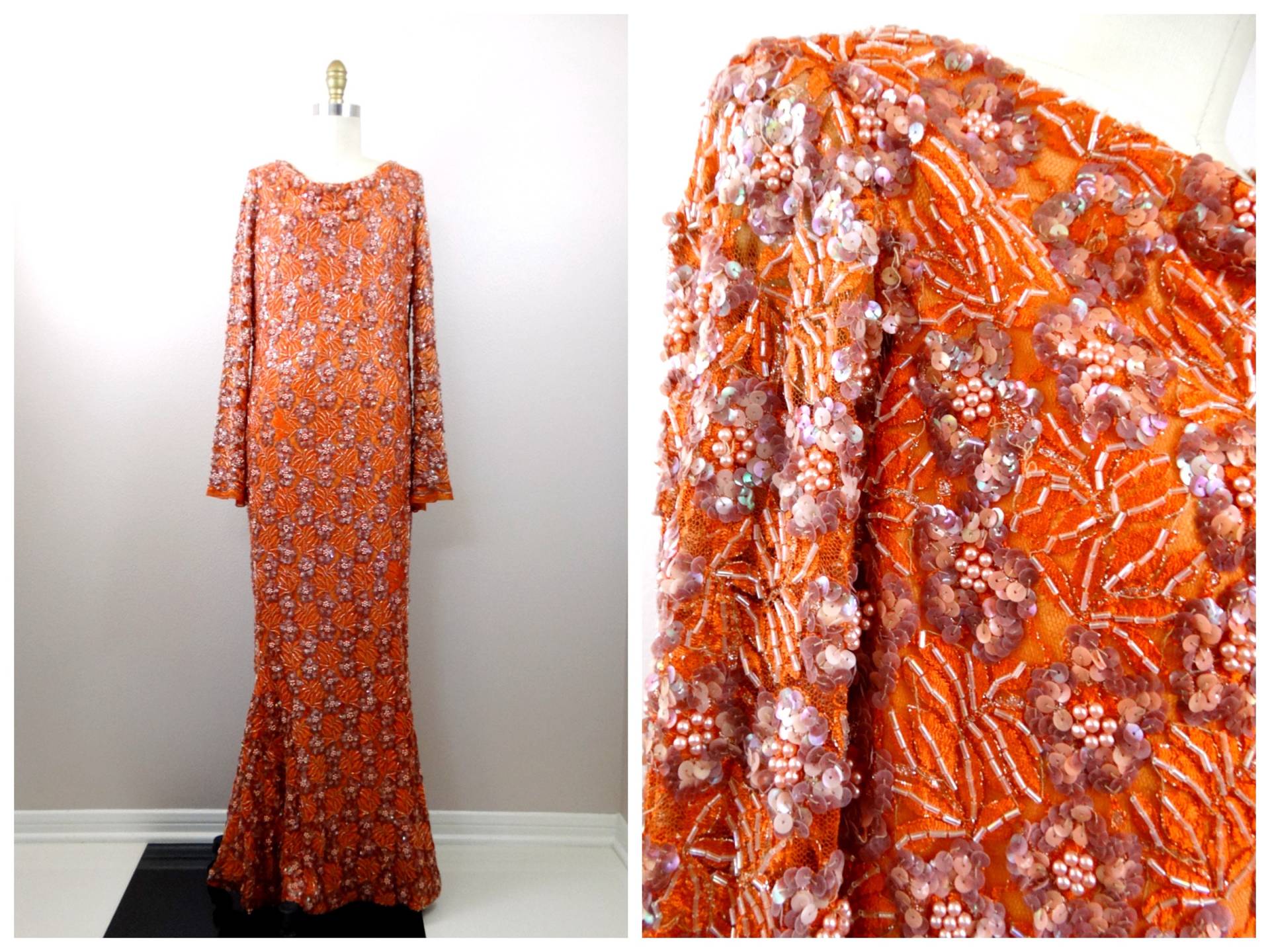 60S Orange Lace Pink Pailletten Perlen Maxikleid/1960's Mit Weiten Trompetenärmeln von braxae