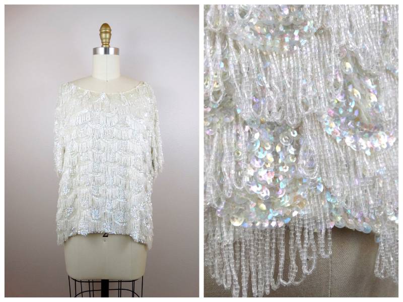 60S Perlen Fringe Plus Size Top // Stark Verziertes Irisierendes Pailletten Mit Perlenfransen Xl von braxae