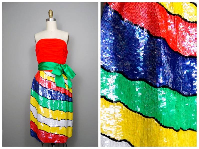 70Er 80Er Couture Pailletten-Kleid/Rare Vintage Designer Neon Pailletten-Cocktailkleid Von Ann von braxae