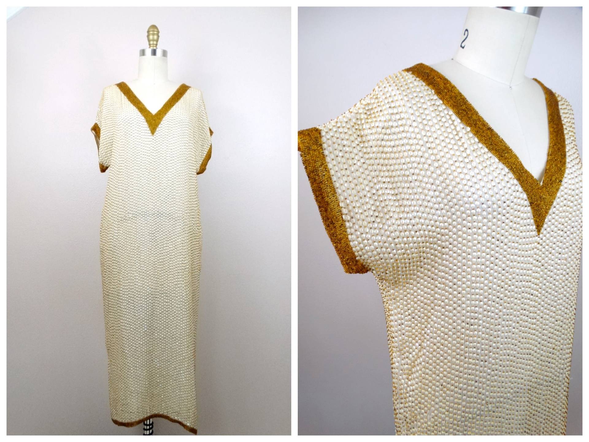 70Er Jahre Creme Pailletten Verziertes Gold Perlen Unterkleid/Voll Kaftan Dolman Kleid von braxae