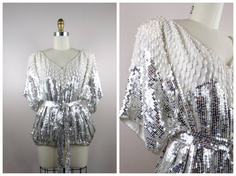 70Er Jahre Sequin Top Von Judith Ann Creations/Oversized Spiegel Silber Pailletten Perle Perlen Bluse W Gürtel von braxae