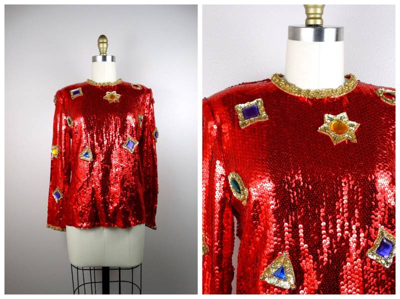 70Er Jahre Victor Costa Schmuck Verziertes Pailletten Top/Reich Verzierte Bluse Mit Rot Und Gold Perlen Regenbogen von braxae