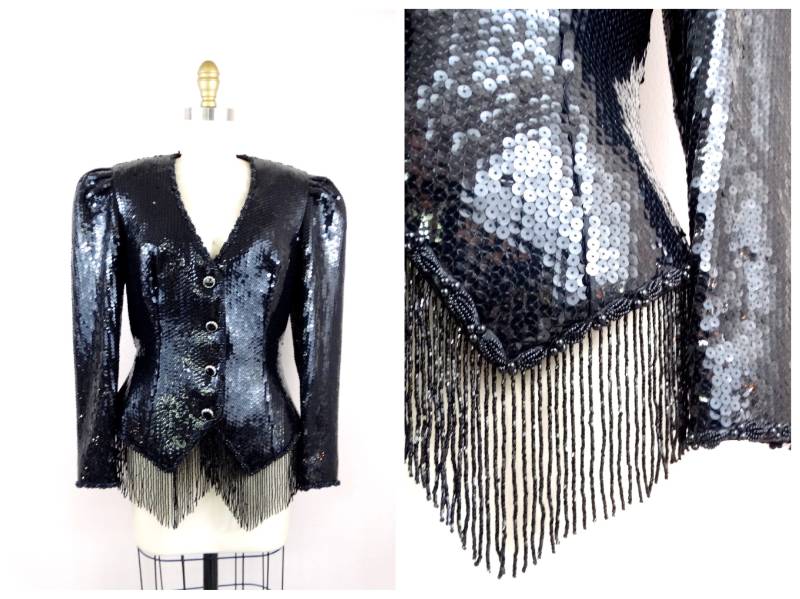 70S Couture Perlen Fringe Blazer Von Lillie Rubin // Komplett Verzierte Pailletten Abend Jacke Oder Formelles Top Mit Strassknöpfen von braxae