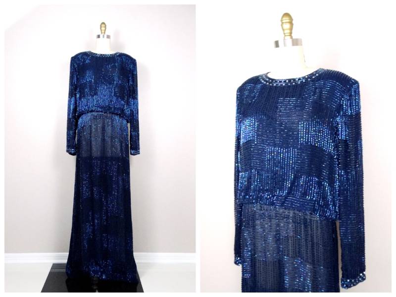 70S Couture Perlenbesetztes Vintage Kleid // Marineblaues Abendkleid Dunkelblaues Mit Perlen von braxae
